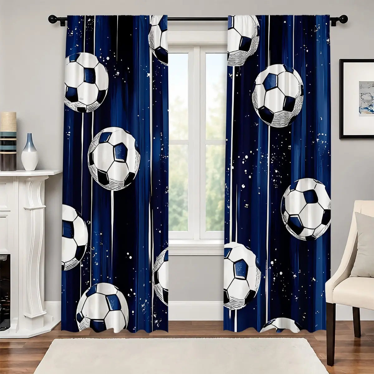 2Pcs Blue Soccer Curtains - Thermal Insulated Blackout Drapes with Stars for Boys' Bedrooms and Game Rooms