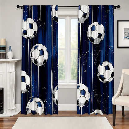 2Pcs Blue Soccer Curtains - Thermal Insulated Blackout Drapes with Stars for Boys' Bedrooms and Game Rooms