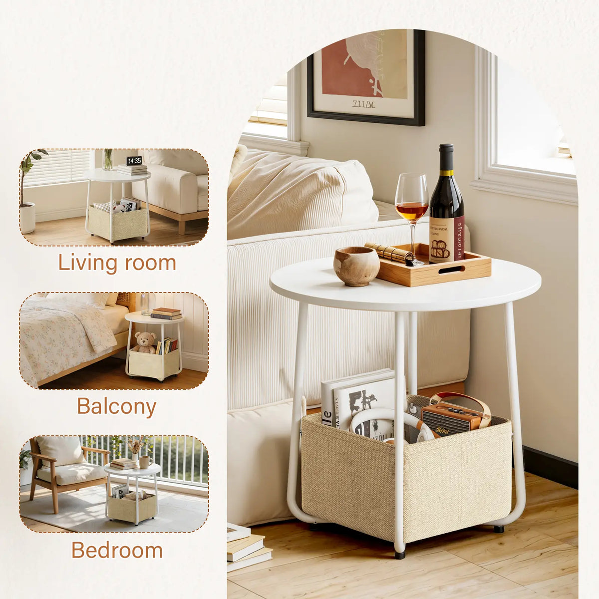 Flycity Modern Round Side Table - White Finish with Fabric Basket for Storage