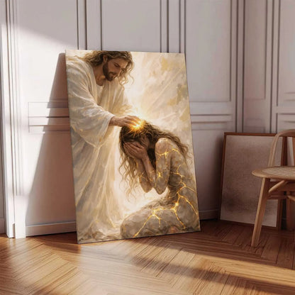 Healed by Him Christian Art Canvas - Jesus and Woman Wall Art for Your Home