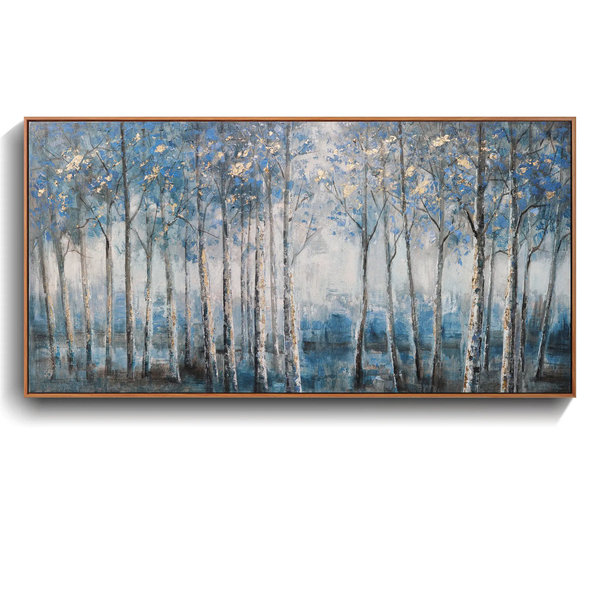 Framed Modern Grey Blue and Gold Foil Forest Canvas Oil Painting
