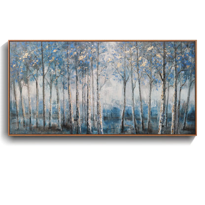 Framed Modern Grey Blue and Gold Foil Forest Canvas Oil Painting