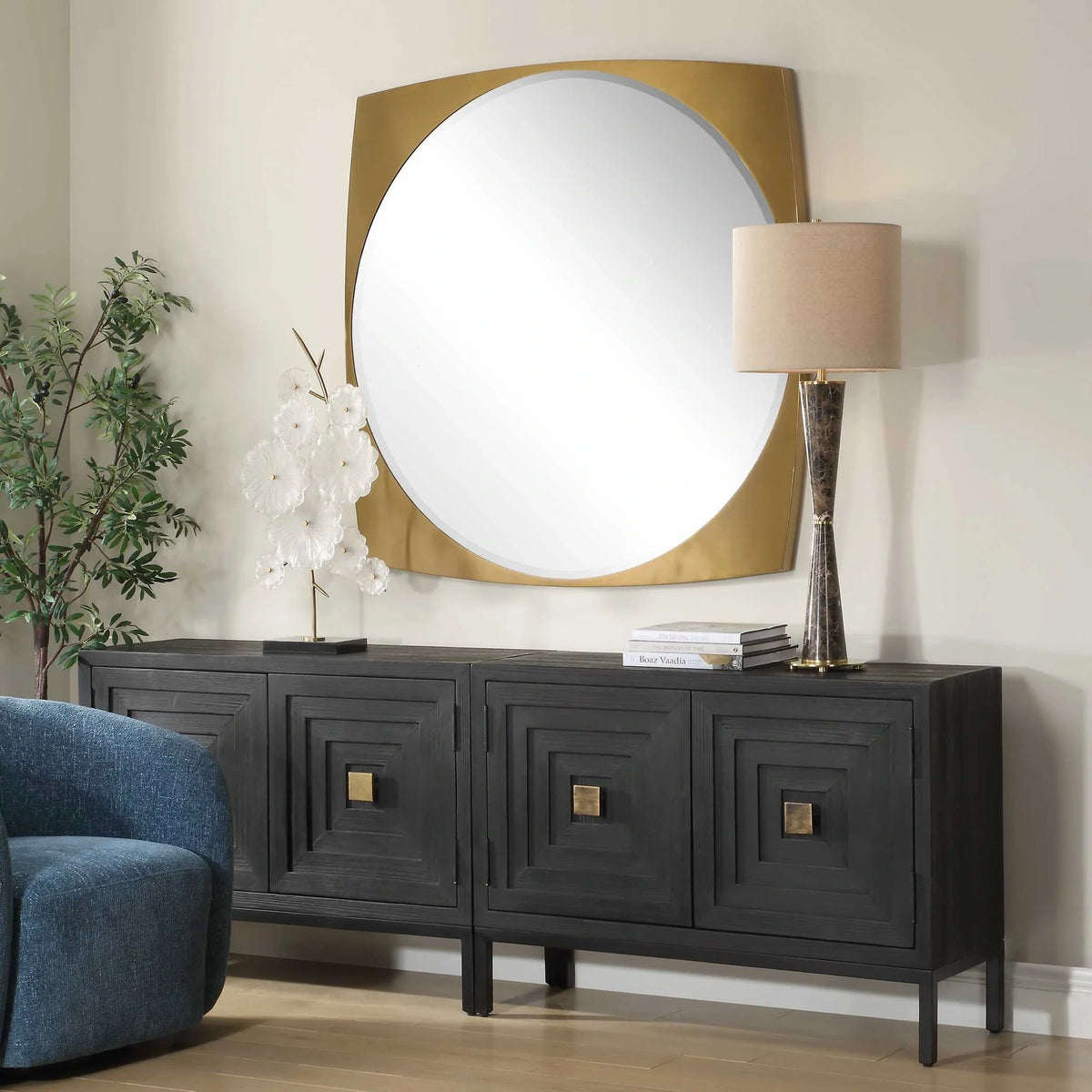 Square Frame Round Brass Mirror