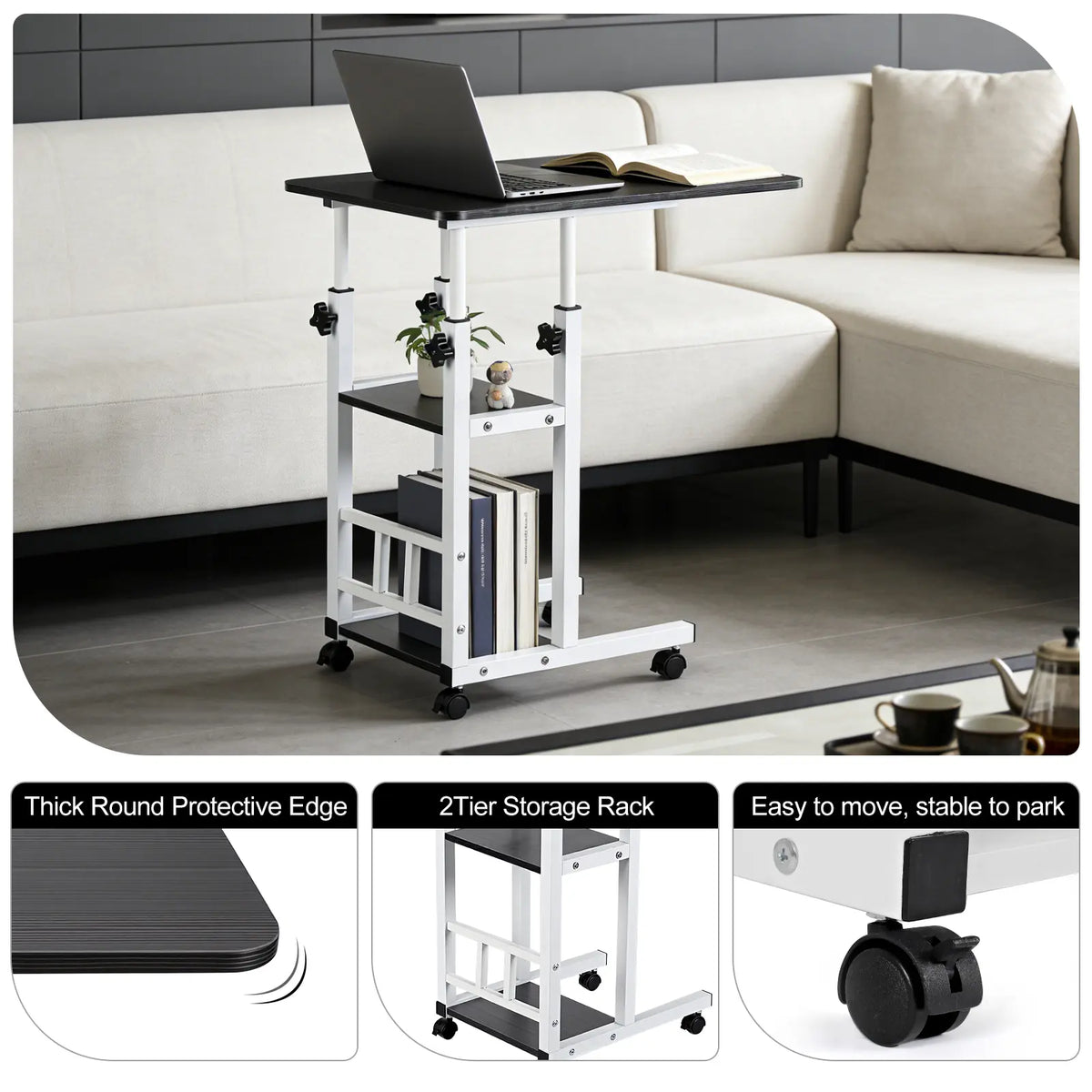 Functional Black C Shaped End Table with Adjustable Height and Wheels