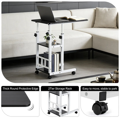 Functional Black C Shaped End Table with Adjustable Height and Wheels