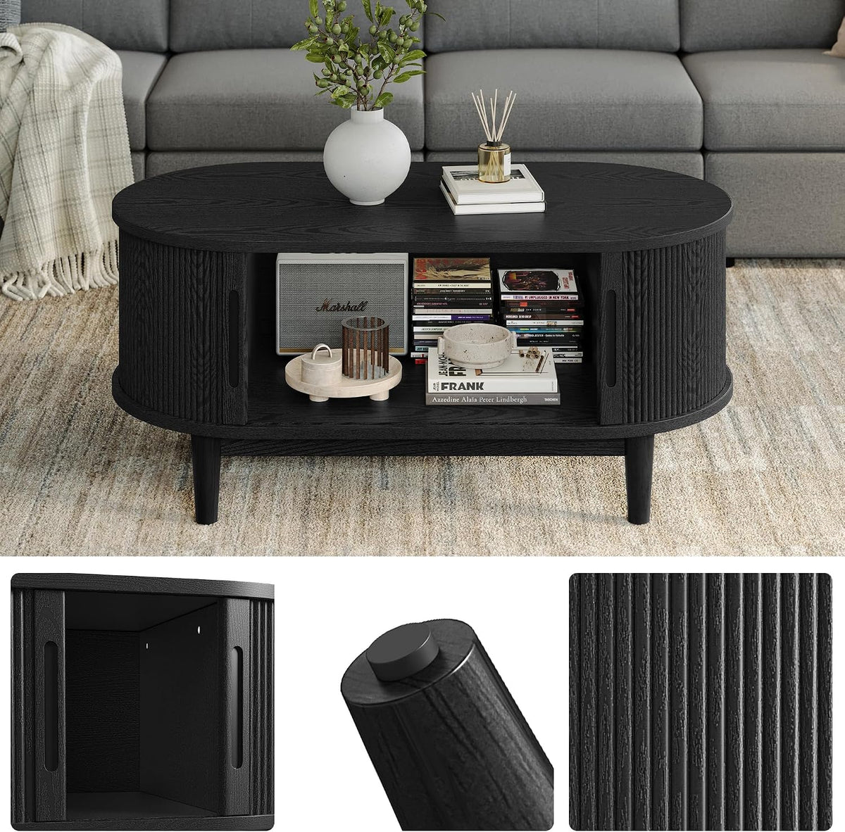 Oval Black Coffee Table with Fluted Tambour Door
