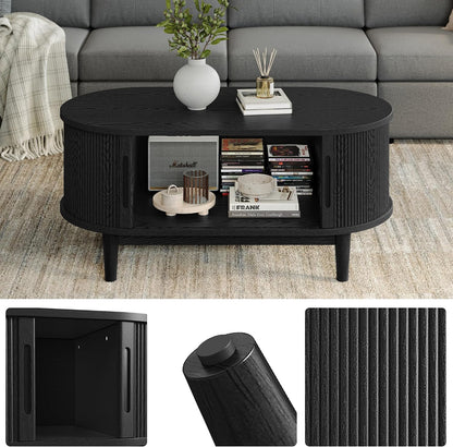 Oval Black Coffee Table with Fluted Tambour Door
