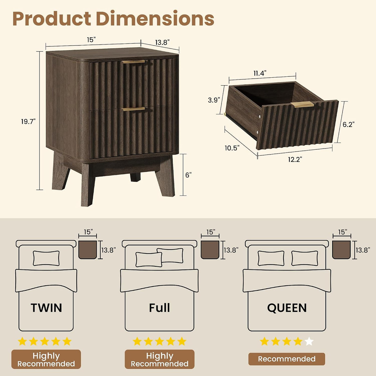 Fluted Nightstand Set of 2 in Walnut