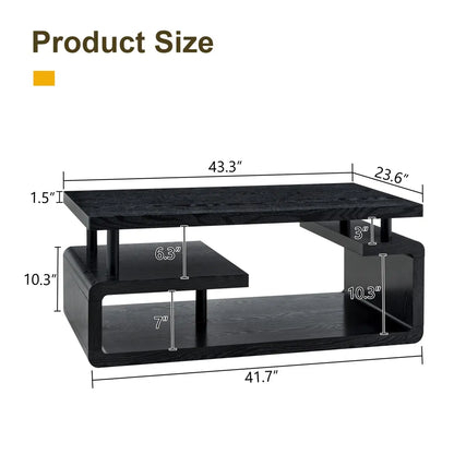 43.3" Black Wood Grain Coffee Table - Modern 3-Tier Center Table with Ample Storage for Your Living Room or Office
