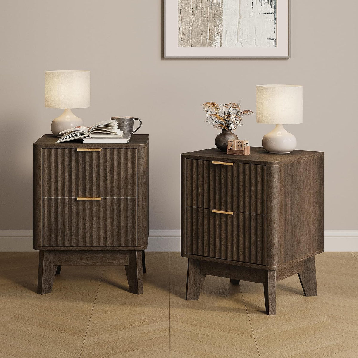 Fluted Nightstand Set of 2 in Walnut