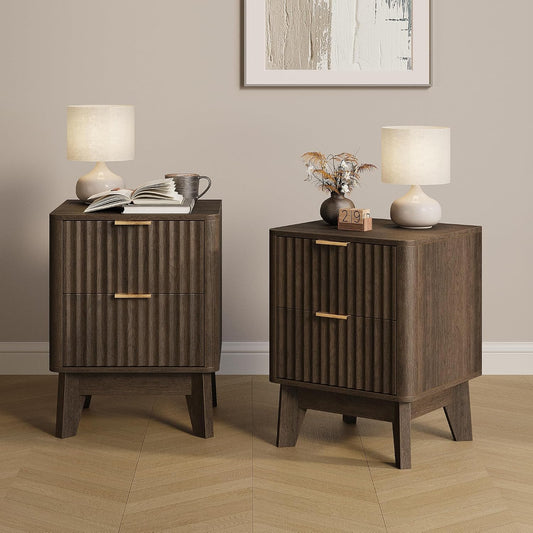 Fluted Nightstand Set of 2 in Walnut