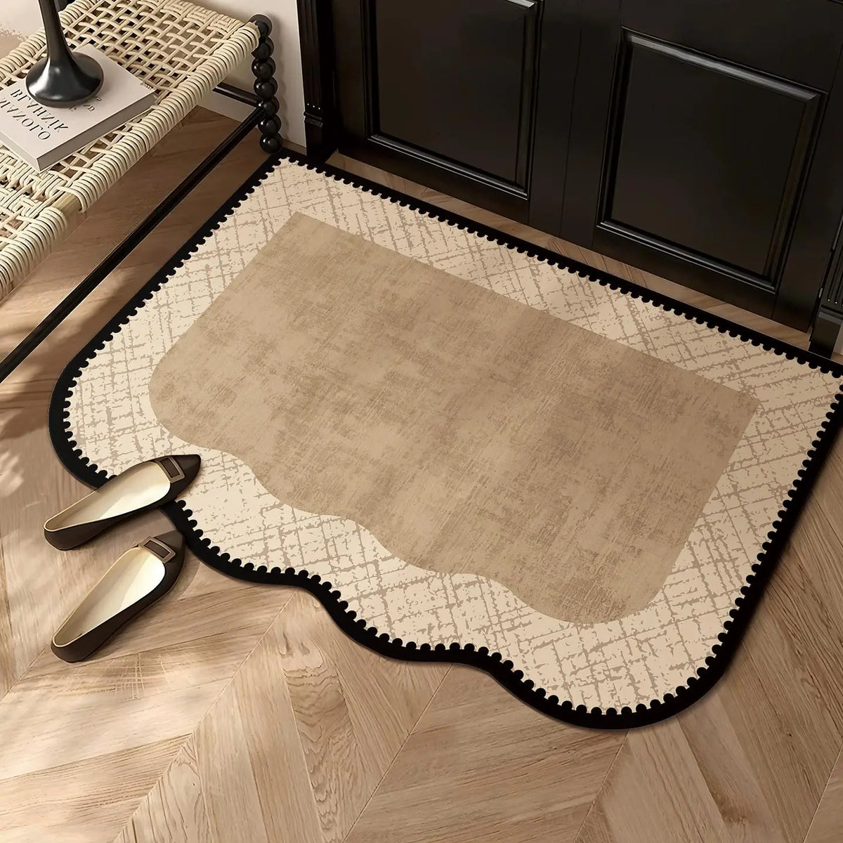 Nordic Soft Dense Pile Door Mat | Non-Slip Washable Entryway & Kitchen Mat | Scalloped or Rectangular in Green & Light Brown