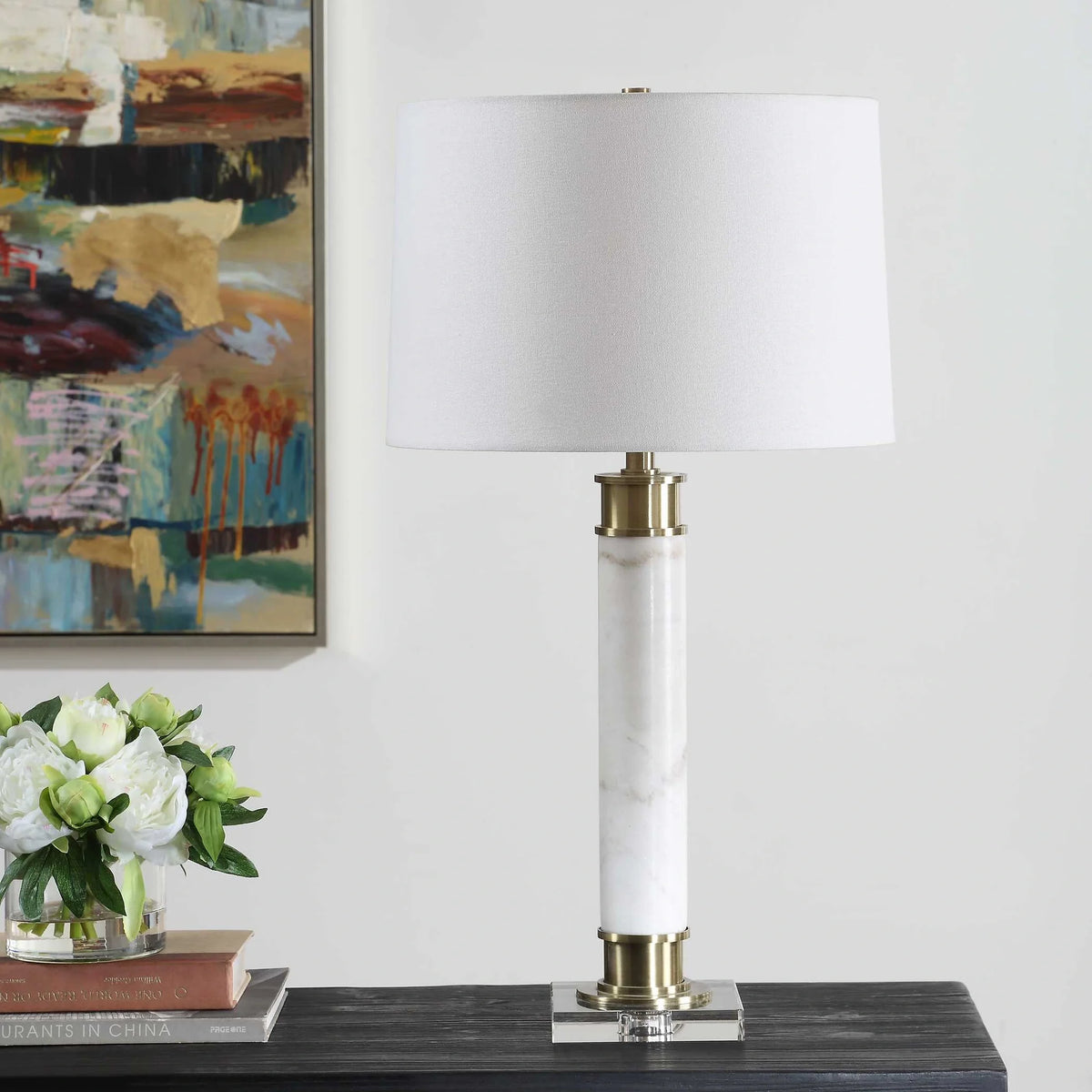 White Marble Column Table Lamp