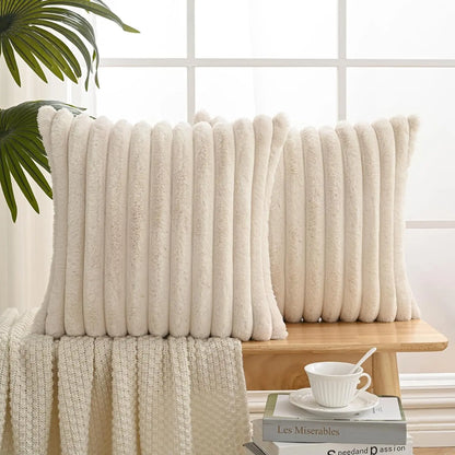 Set of 2 Luxuriously Soft Faux Plush Decorative Throw Pillow Covers - 18x18 Inches, Cream White Striped Accent Cushions for Sofa, Couch, and Bed