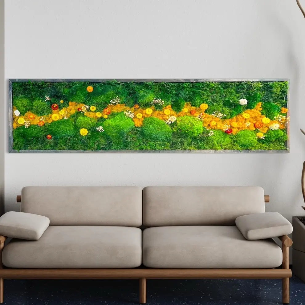 Handcrafted Framed Preserved Moss Wall Art | Botanical Panel with Wildflowers, No Maintenance | Seven Sizes to 60"
