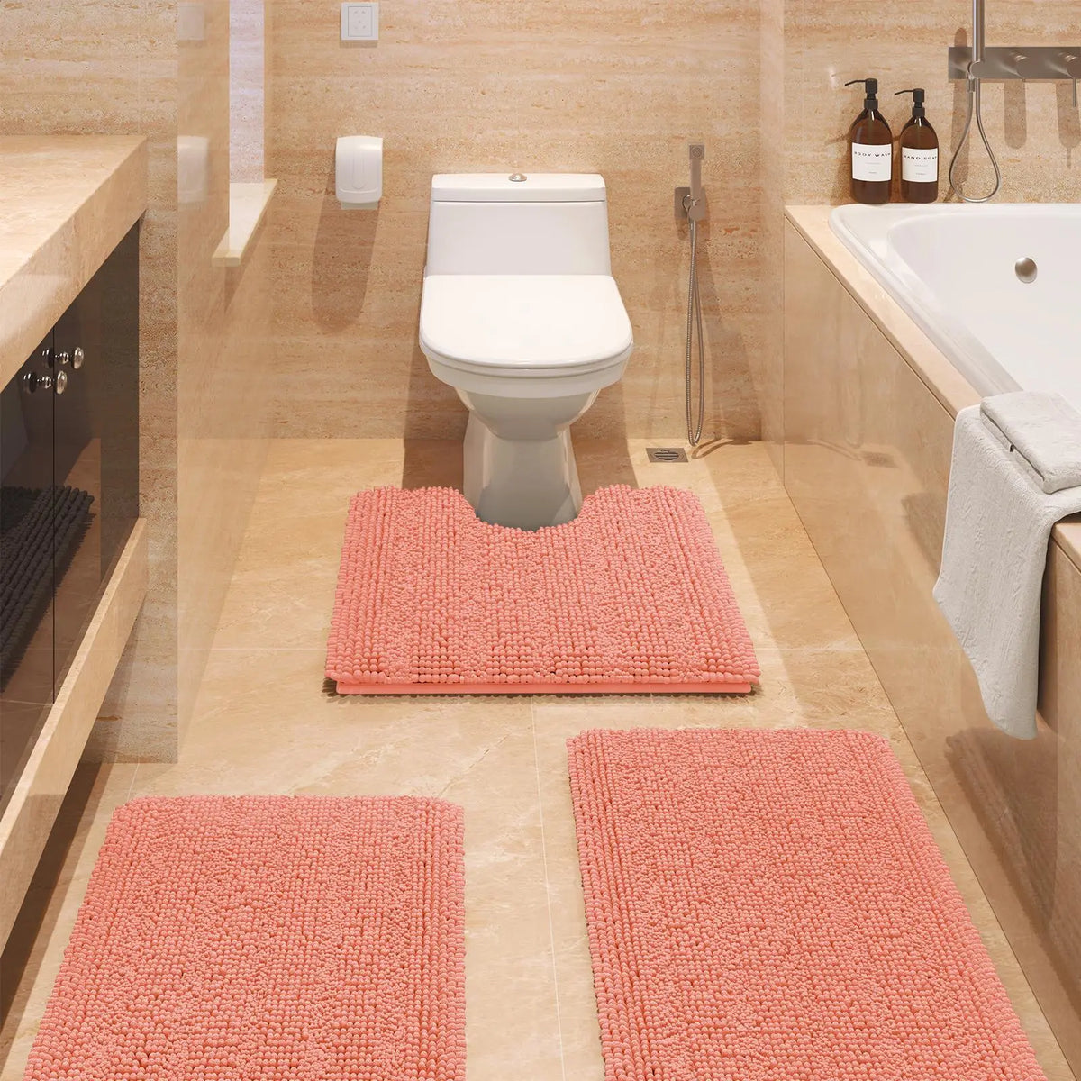 Transform Your Bathroom with the ACCUMTEK Luxurious Soft Striped Chenille Bath Rug Set - 3 Plush, Non-Slip Mats for Ultimate Comfort and Style