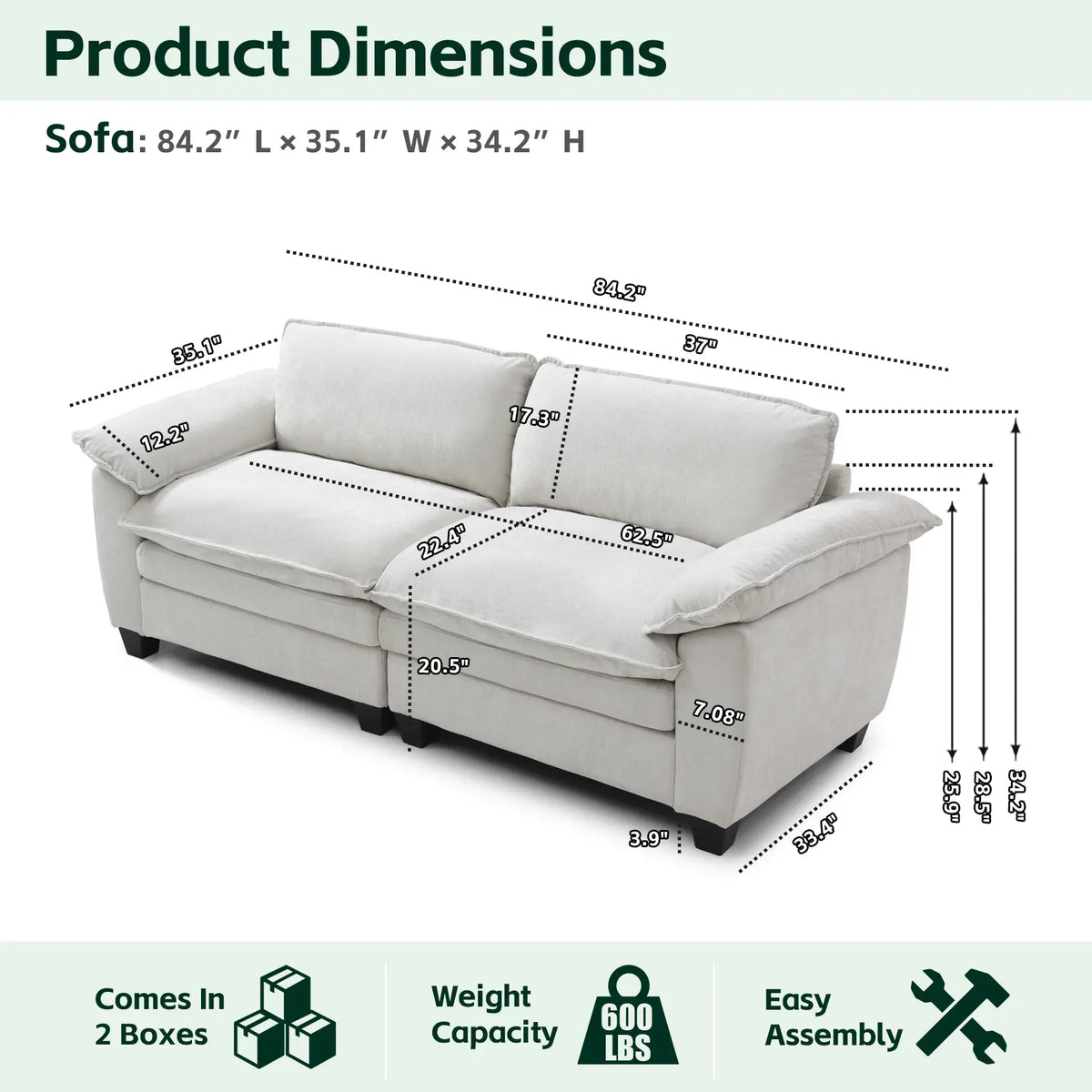 [Bellemave] Modular Sectional Loveseat Sofa, 2-Seat Chenille Couch with Washable Zipper Cushion Covers for Living Room