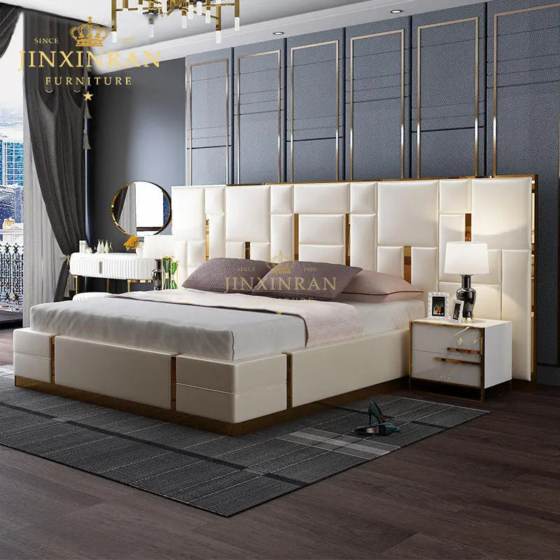 High End Modern Luxury Soft Bed Frame Bedroom Set Genuine Double Leather King Queen Size Bed