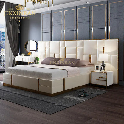 High End Modern Luxury Soft Bed Frame Bedroom Set Genuine Double Leather King Queen Size Bed