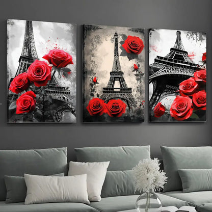3-Piece Framed Canvas Art Set Featuring the Eiffel Tower and Red Gray Roses