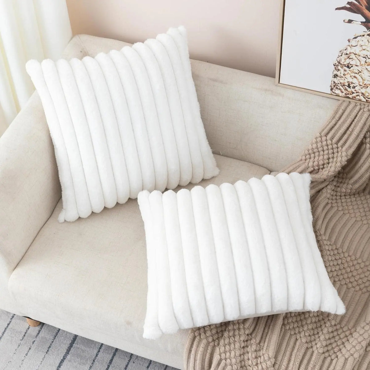 Set of 2 Faux Fur Cream White Throw Pillow Covers – Fluffy Striped Design, Perfect for Sofa, Couch or Bedroom Decor (18x18 Inch)
