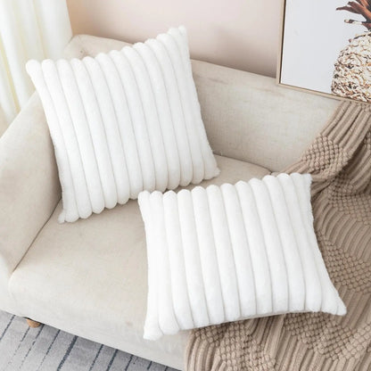 Set of 2 Faux Fur Cream White Throw Pillow Covers – Fluffy Striped Design, Perfect for Sofa, Couch or Bedroom Decor (18x18 Inch)