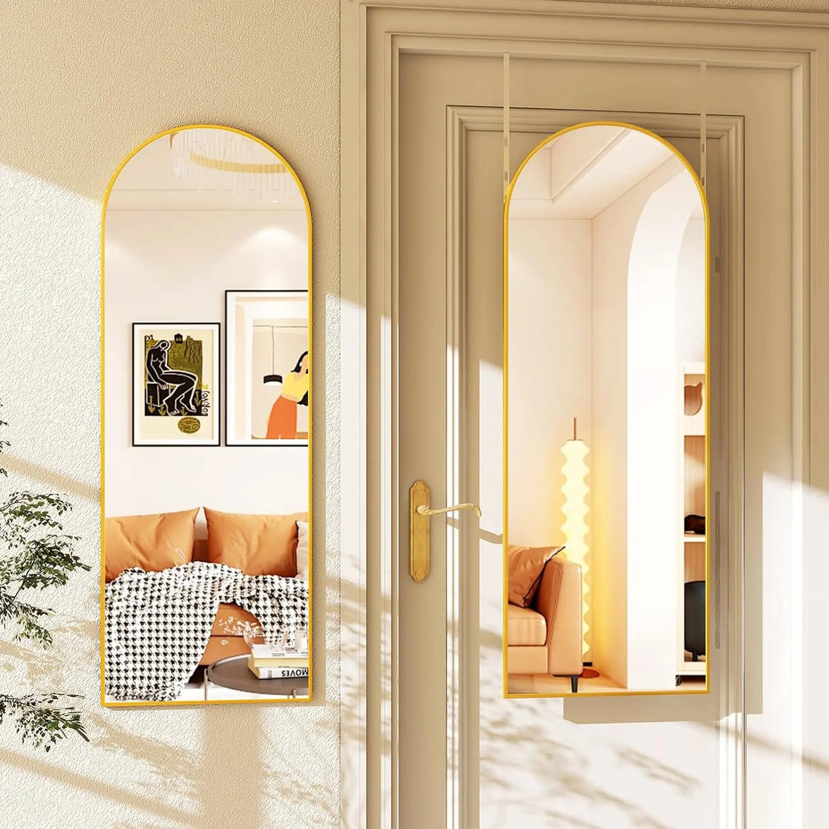Beautypeak 48" × 14" Full Length Wall Mirror | Slim Aluminium Frame with Leather Cord | Arch & Rectangular in Gold or Black