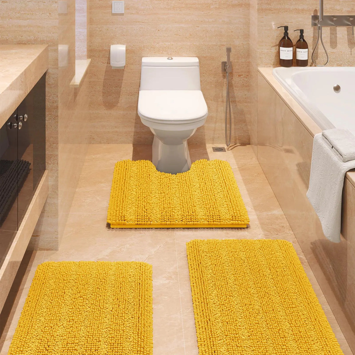 Transform Your Bathroom with the ACCUMTEK Luxurious Soft Striped Chenille Bath Rug Set - 3 Plush, Non-Slip Mats for Ultimate Comfort and Style