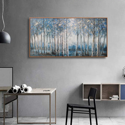 Framed Modern Grey Blue and Gold Foil Forest Canvas Oil Painting