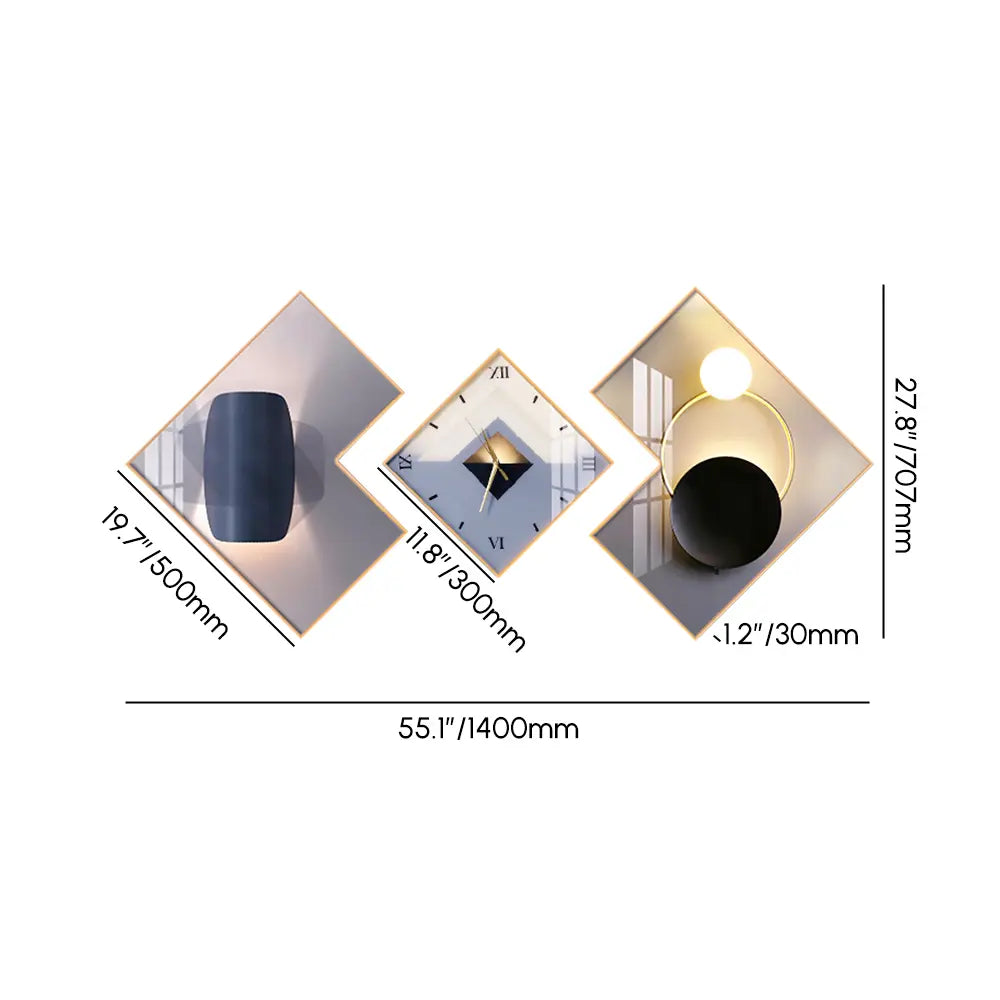 Homary 3-Pc Geometric Square Modern Abstract Silent Movement Wall Clock Set - Gold-Frame Canvas Artwork for Contemporary Living Room Decor