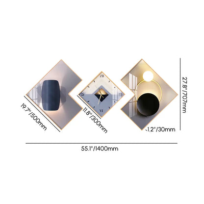 Homary 3-Pc Geometric Square Modern Abstract Silent Movement Wall Clock Set - Gold-Frame Canvas Artwork for Contemporary Living Room Decor