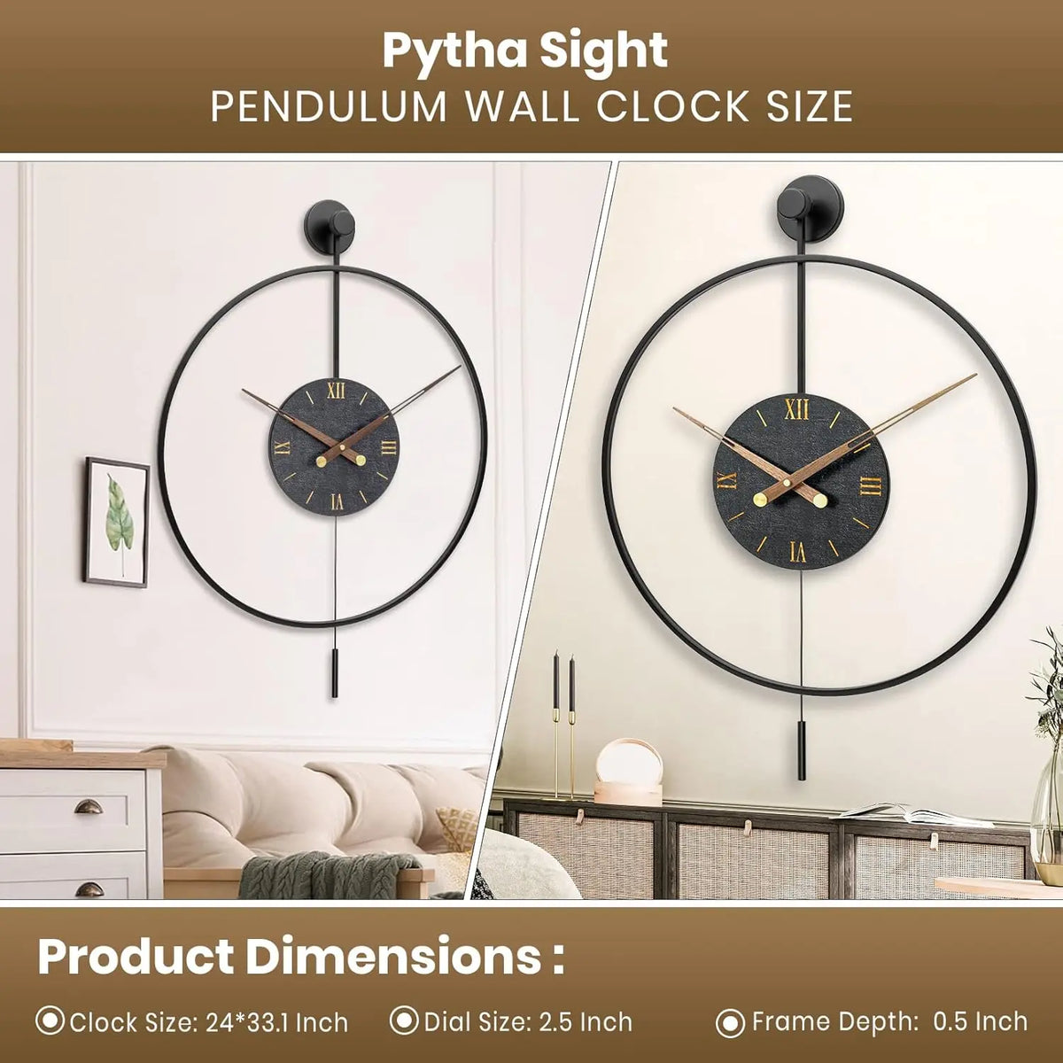 Large Pendulum Wall Clock 24" × 33" | Silent Non-Ticking Quartz Movement, Walnut Hands | Black or Black-Walnut