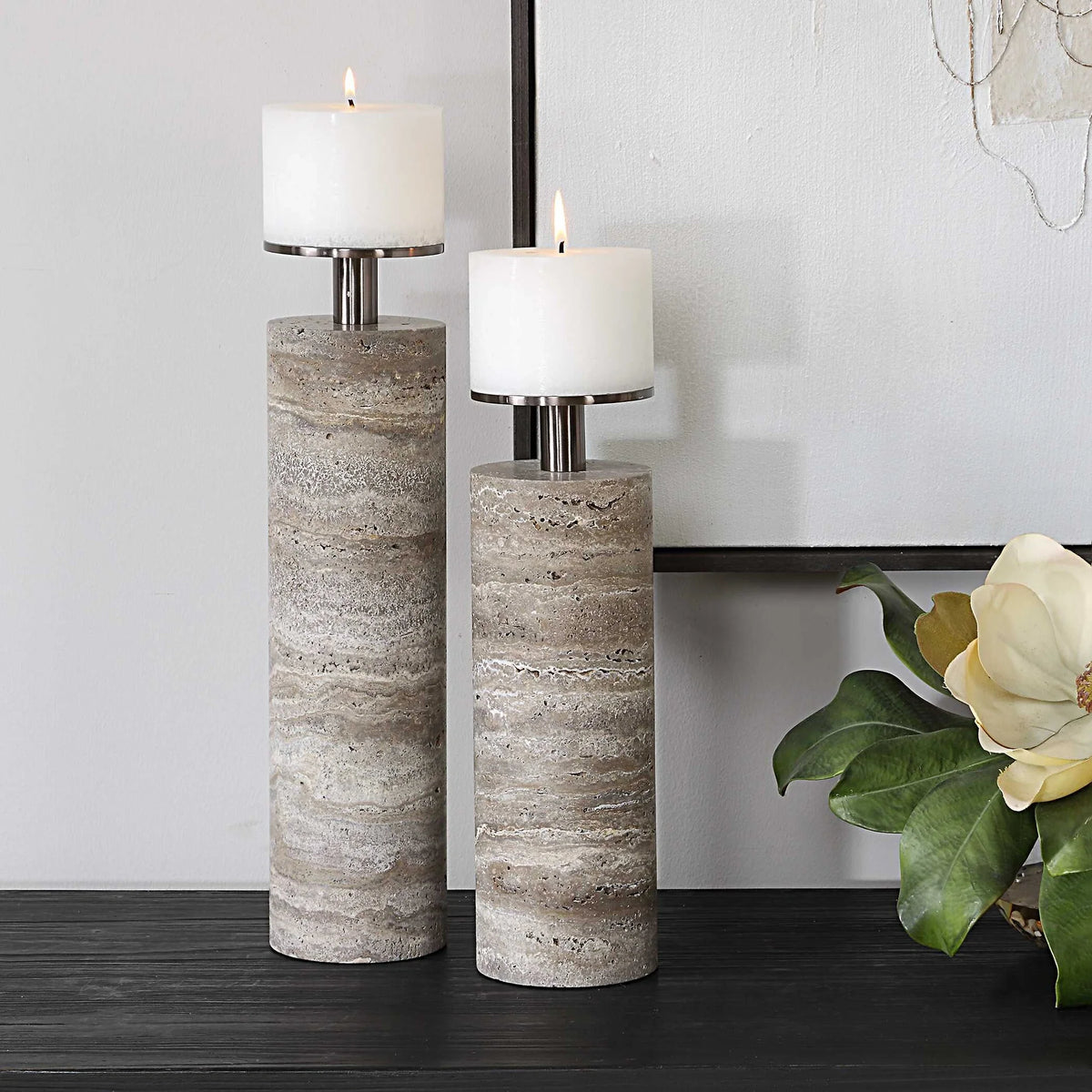 Travertine Candleholders, Set of 2