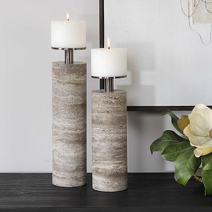 Travertine Candleholders, Set of 2