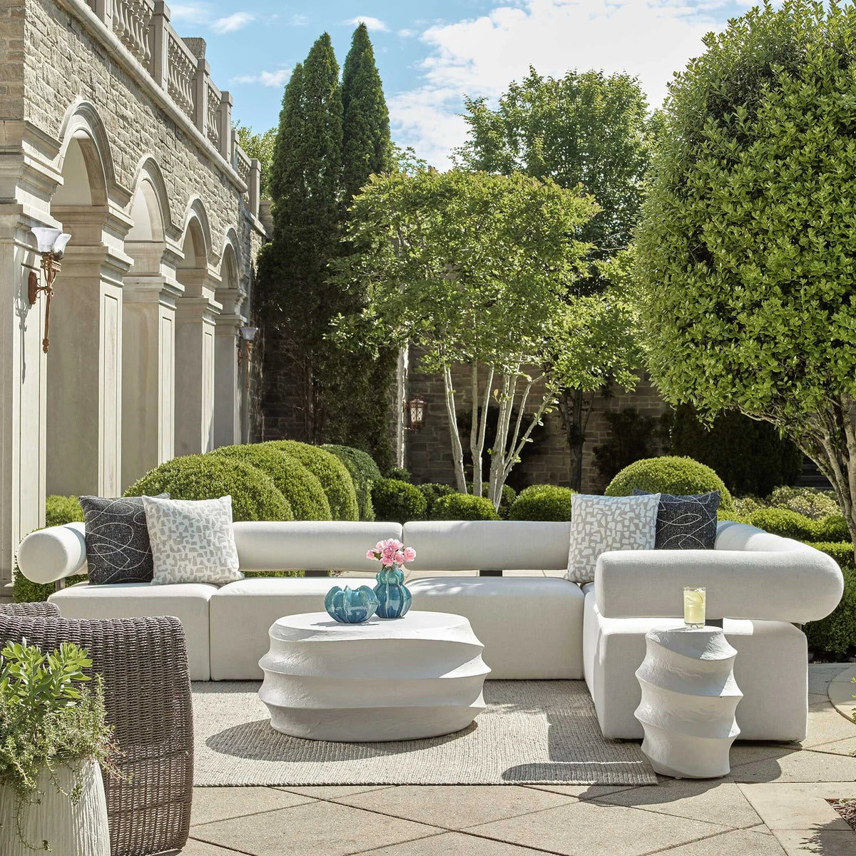 White Bolster Back Armless Outdoor Sofa