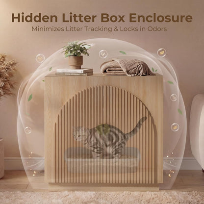 Large Cat Litter Box Enclosure with Storage - Fluted Design and Adjustable Features in Natural Finish