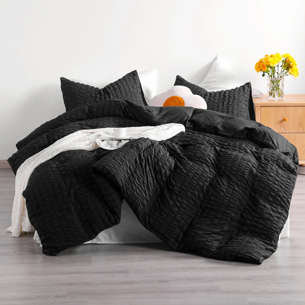 Bedsum Soft Bedding Set, Seersucker Textured Stripe Washed Microfiber Pattern Duvet Cover Set with Zipper Closure