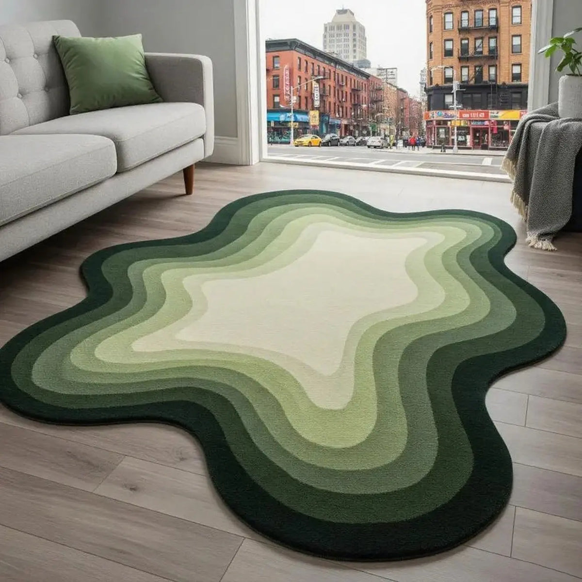 Green Ombré Stripe Plush Rug | Irregular Shape Fluffy Accent Rug for Living Room, Bedroom & Balcony | Four Sizes