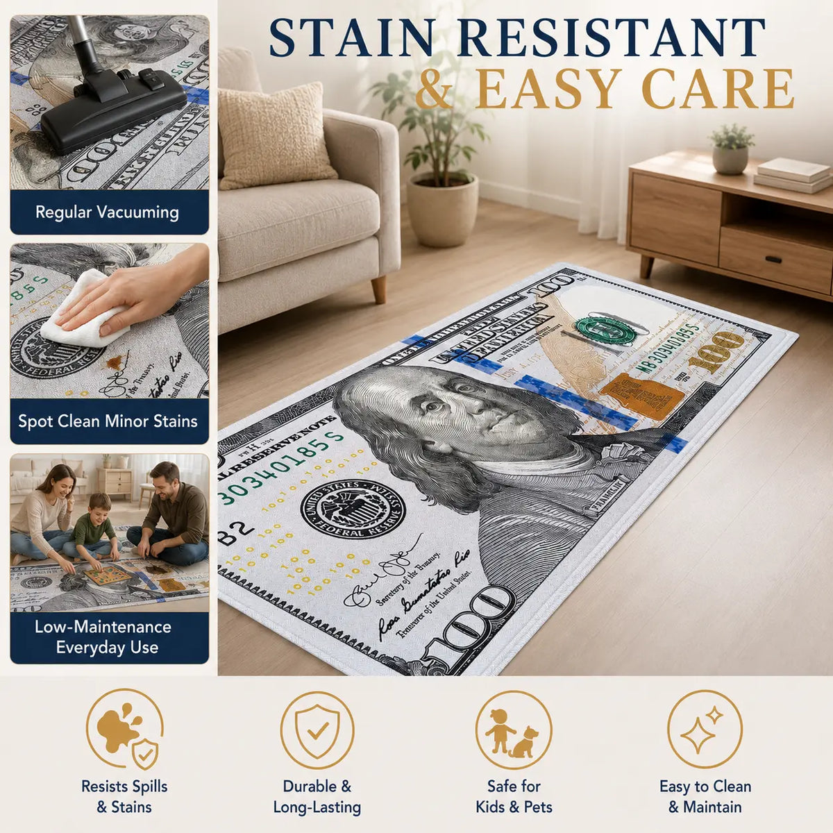 Aisoon 100 Dollar Bill Print Area Rug - Durable, Non-Slip, and Stain-Resistant Indoor Decorative Rug in Two Sizes for Entryways and Bedrooms