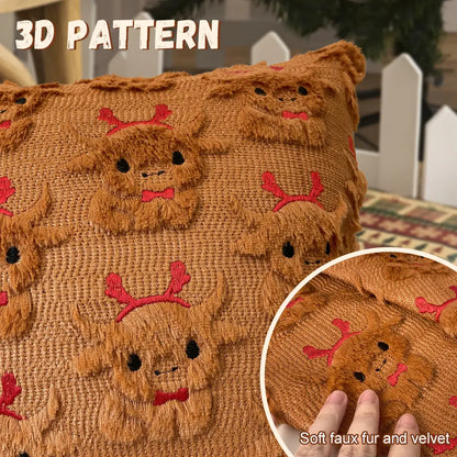 Highland Cow Throw Pillow Covers - Set of 2, 18x18 Soft Plush Faux Fur Cushion Cases for Farmhouse Decor