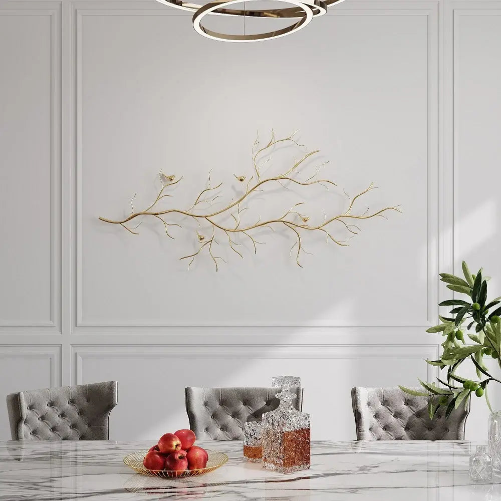 Homary Gold-Tone Iron Branch & Birds Wall Art | 57" Wide Sculptural Metal Wall Décor | No Assembly, 3-Year Warranty