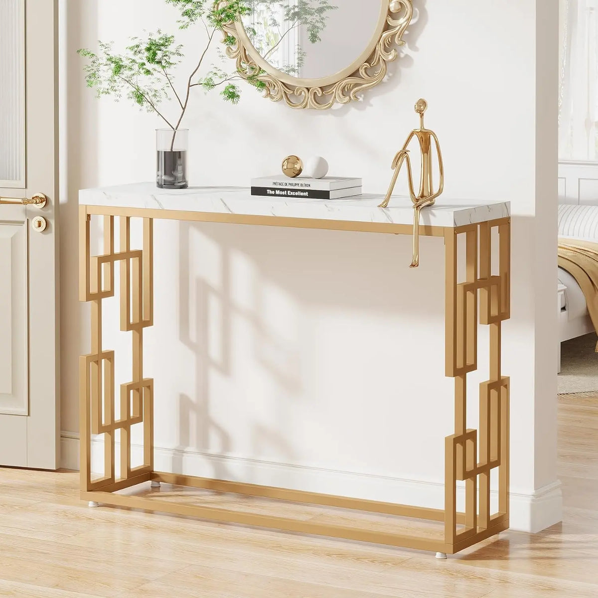 Tribesigns 42.5" Modern Gold Console Table Featuring a White Faux Marble Top