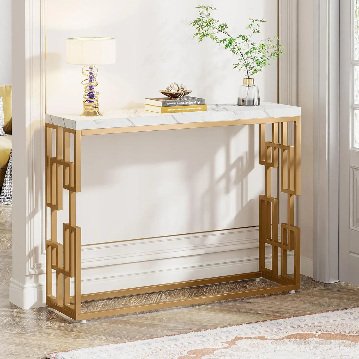 Tribesigns 42.5" Modern Gold Console Table Featuring a White Faux Marble Top