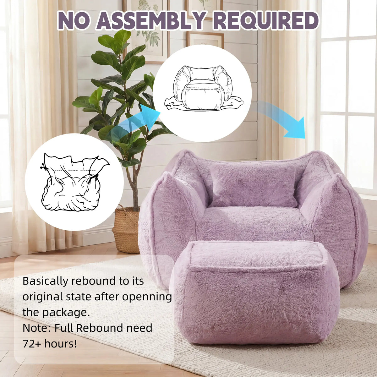 Fluffy Faux Fur Bean Bag Lounger with Ottoman