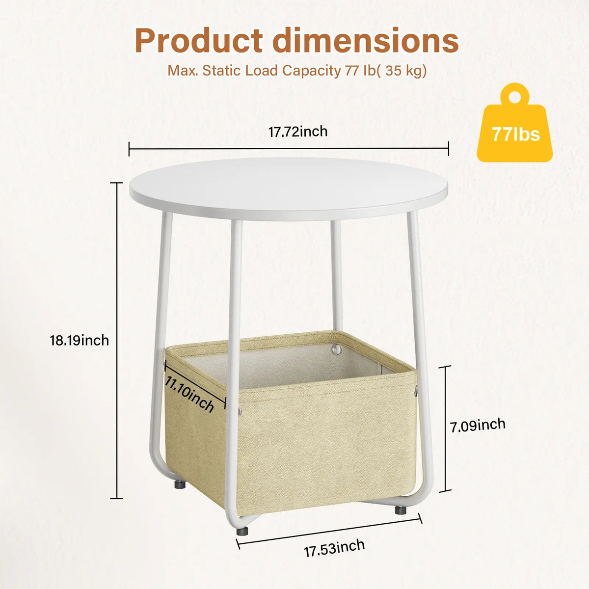 Flycity Modern Round Side Table - White Finish with Fabric Basket for Storage