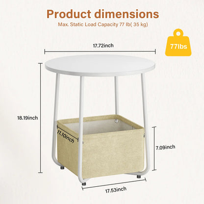 Flycity Modern Round Side Table - White Finish with Fabric Basket for Storage