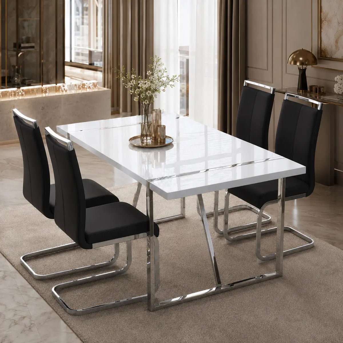 Elegant 5-Piece Dining Table Set for 6 - Modern White Rectangular MDF Table with Comfortable Leather Chairs