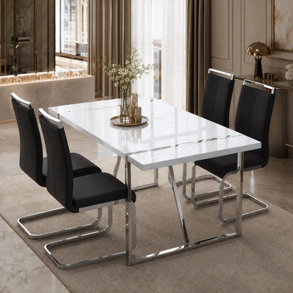 Elegant 5-Piece Dining Table Set for 6 - Modern White Rectangular MDF Table with Comfortable Leather Chairs