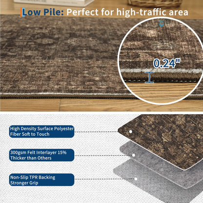 Washable Vintage Distressed Floral Area Rug | Ultra-Thin Low Pile, Non-Slip | Beige, Brown, Blue or Black | Sizes 2×6 to 10×13