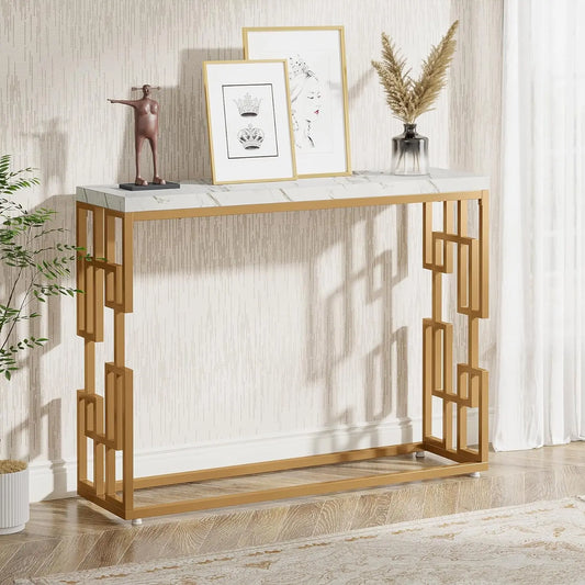 Tribesigns 42.5" Modern Gold Console Table Featuring a White Faux Marble Top